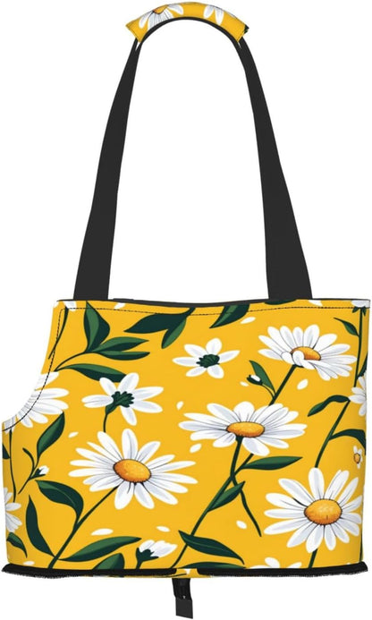 Daisies On Yellow Background Portable Pet Carrier Bag Foldable Shoulder Travel Cat Dog Carrier