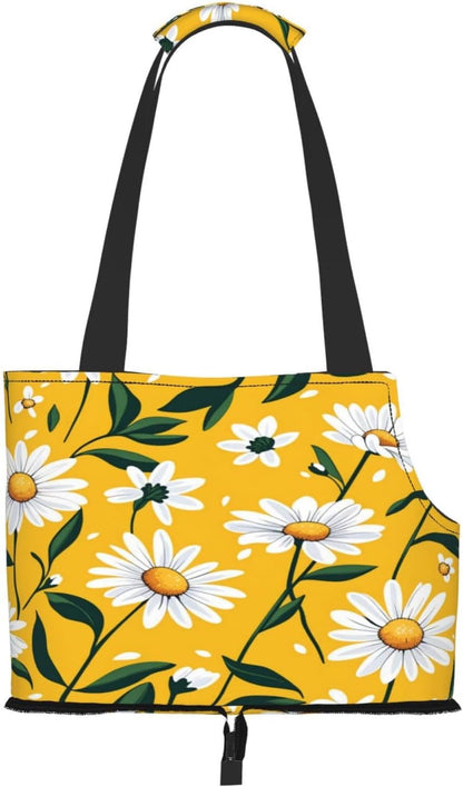 Daisies On Yellow Background Portable Pet Carrier Bag Foldable Shoulder Travel Cat Dog Carrier