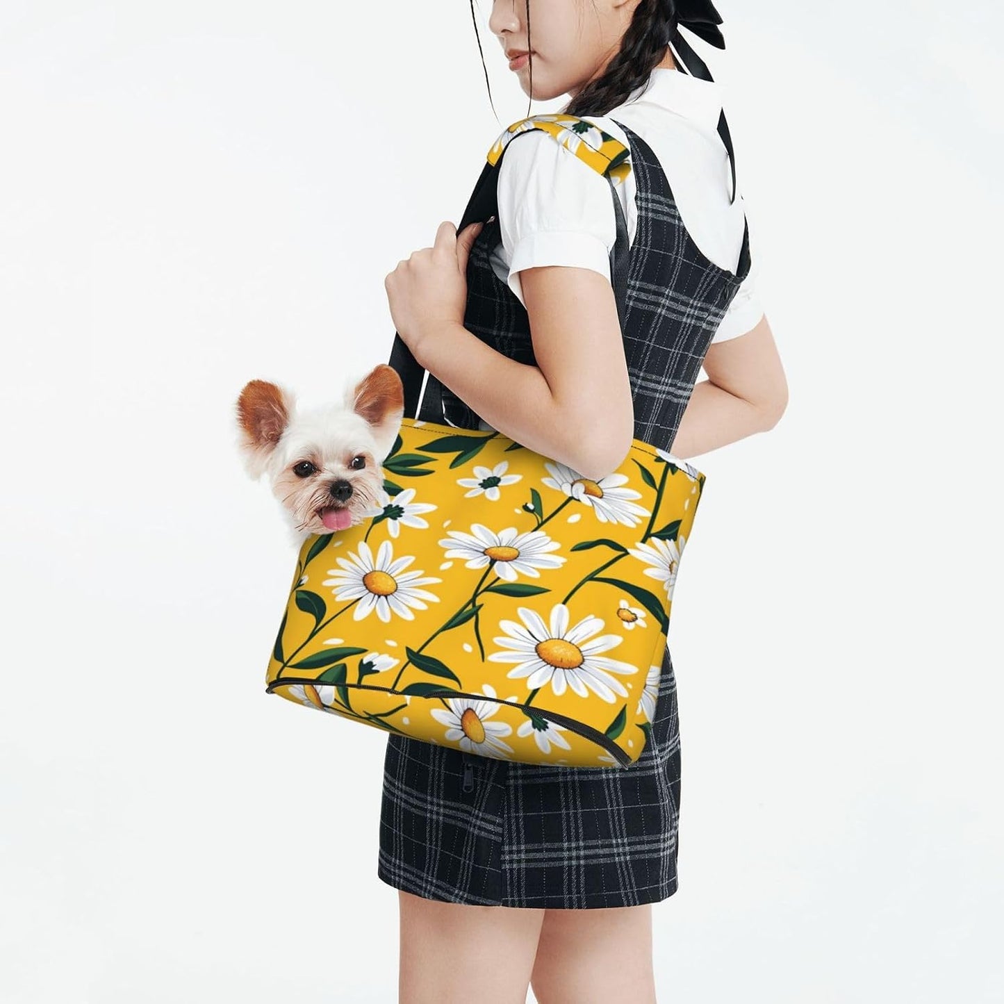 Daisies On Yellow Background Portable Pet Carrier Bag Foldable Shoulder Travel Cat Dog Carrier