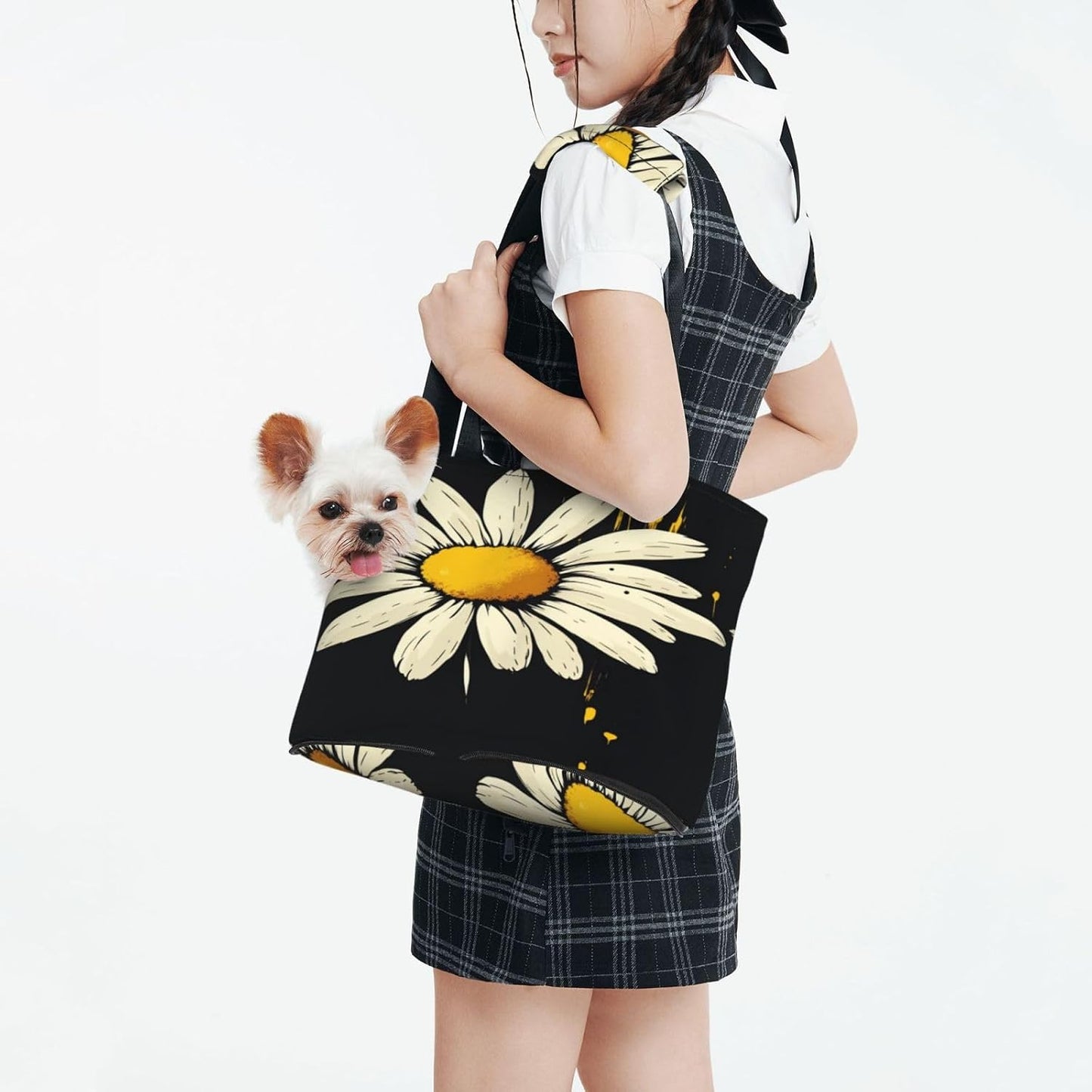 Daisies On Yellow Background Portable Pet Carrier Bag Foldable Shoulder Travel Cat Dog Carrier