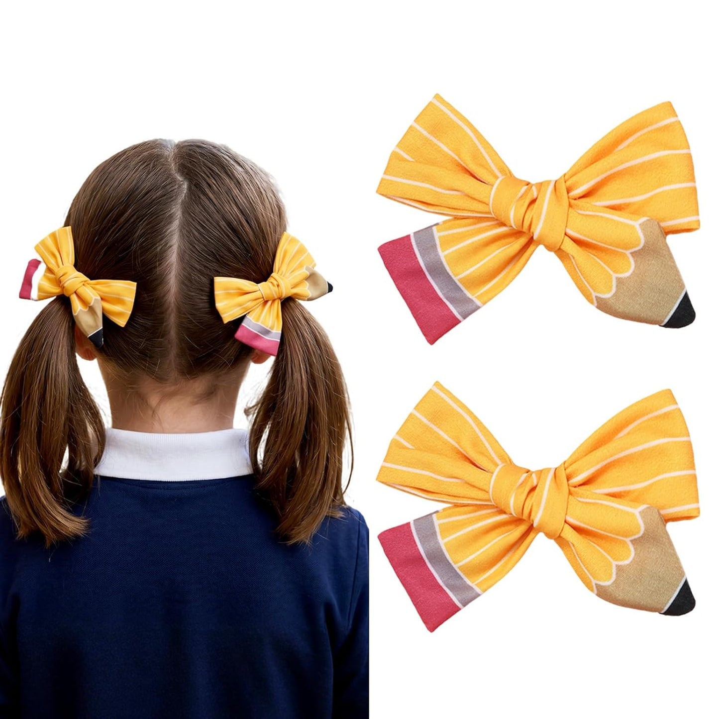 Cute Pencil Hair Bows for Women Girls Back to School Yellow Hair Clips for Teacher Educator Appreciation Gifts Graduation Handmade Barrettes First Day of School Hair Accessories Supplies 2Pcs