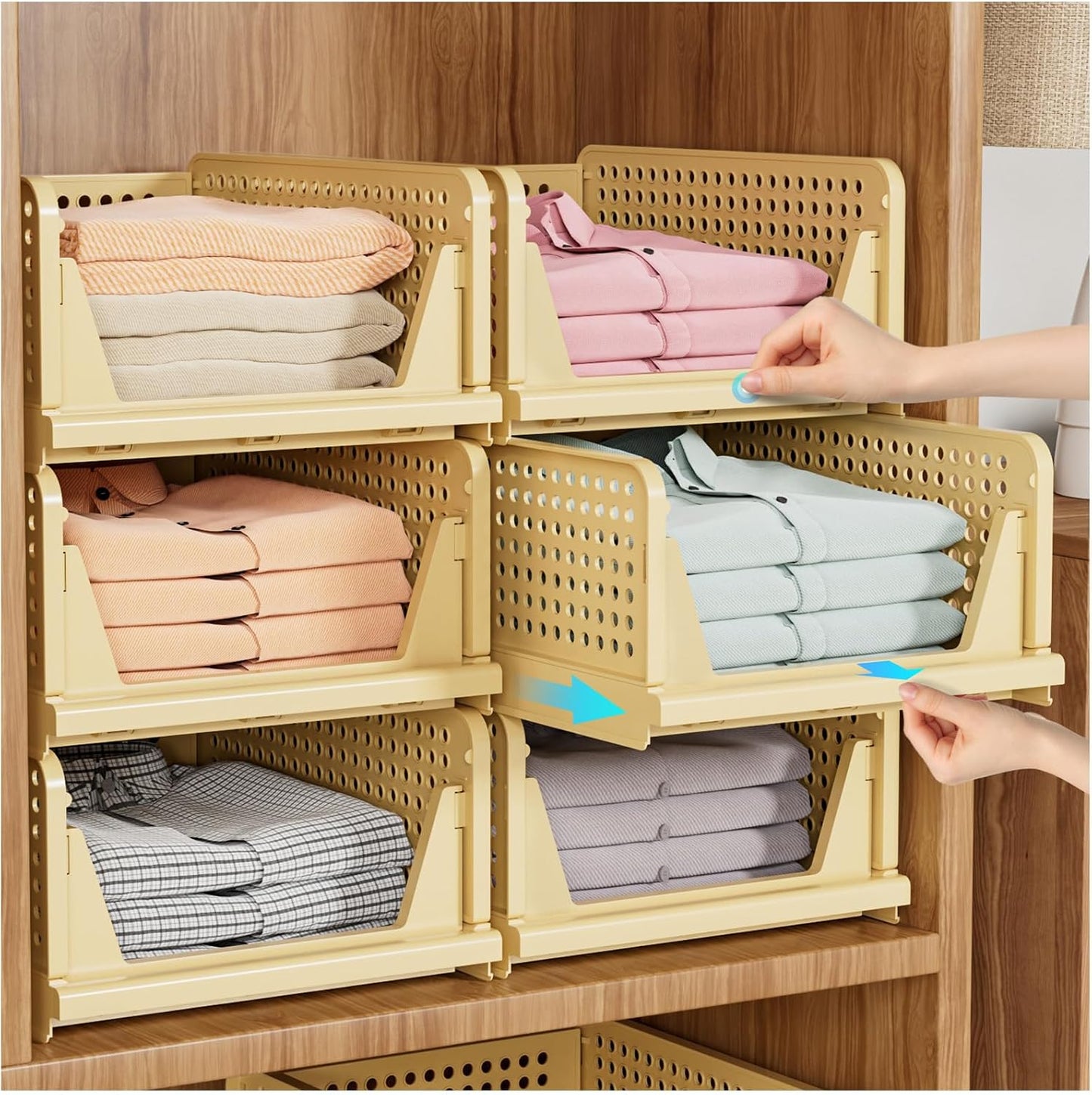 5 Pack Stackable Closet Organizer Box, Multifunctional & Foldable Closet Storage Basket for Bathroom Kitchen Laundry Room Wardrobe Storage, Space-Saving Clothes Storage Drawer Organizer, Yellow