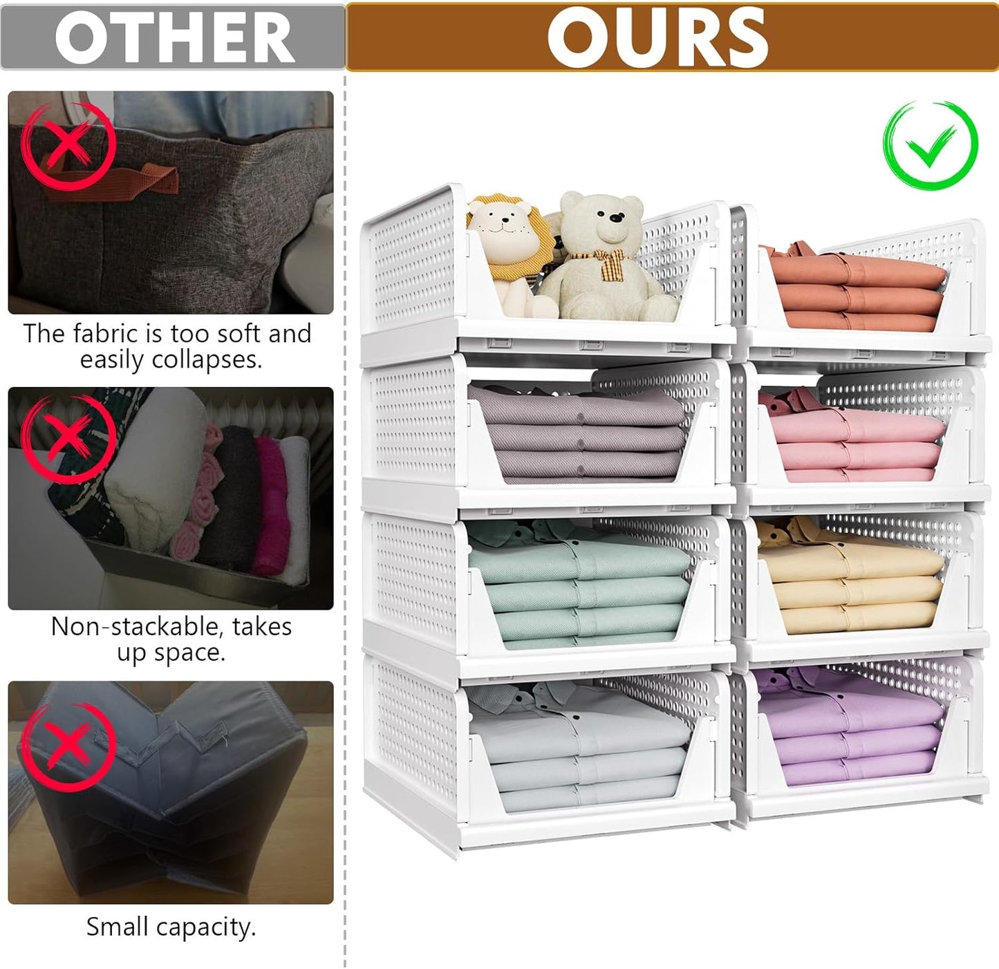5 Pack Stackable Closet Organizer Box, Multifunctional & Foldable Closet Storage Basket for Bathroom Kitchen Laundry Room Wardrobe Storage, Space-Saving Clothes Storage Drawer Organizer, Yellow