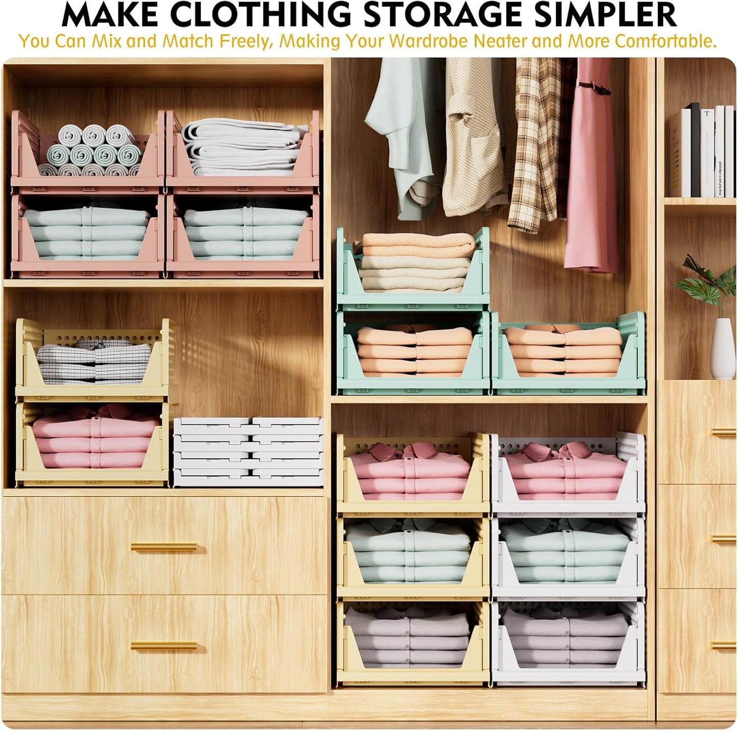 5 Pack Stackable Closet Organizer Box, Multifunctional & Foldable Closet Storage Basket for Bathroom Kitchen Laundry Room Wardrobe Storage, Space-Saving Clothes Storage Drawer Organizer, Yellow