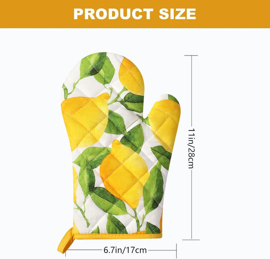 Set of 2 Oven Gloves Heat Resistant Ovens Mitt Lemon Kitchen Decor Potholders Yellow Baking Gloves for Home Cooking Kitchen BBQ