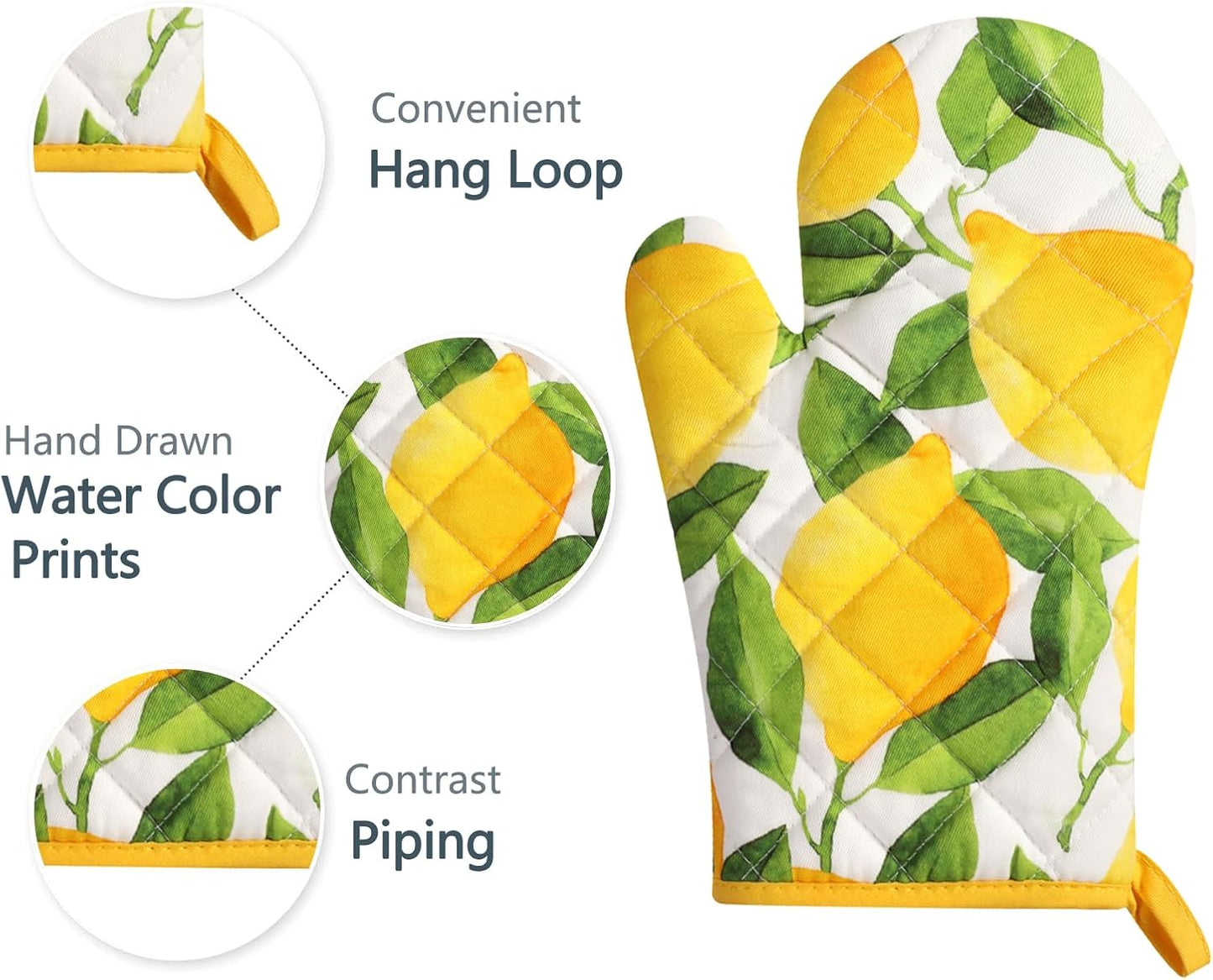 Set of 2 Oven Gloves Heat Resistant Ovens Mitt Lemon Kitchen Decor Potholders Yellow Baking Gloves for Home Cooking Kitchen BBQ