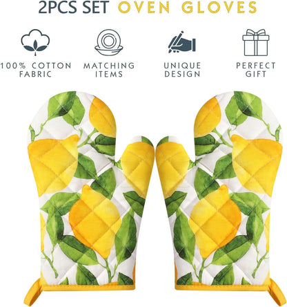 Set of 2 Oven Gloves Heat Resistant Ovens Mitt Lemon Kitchen Decor Potholders Yellow Baking Gloves for Home Cooking Kitchen BBQ