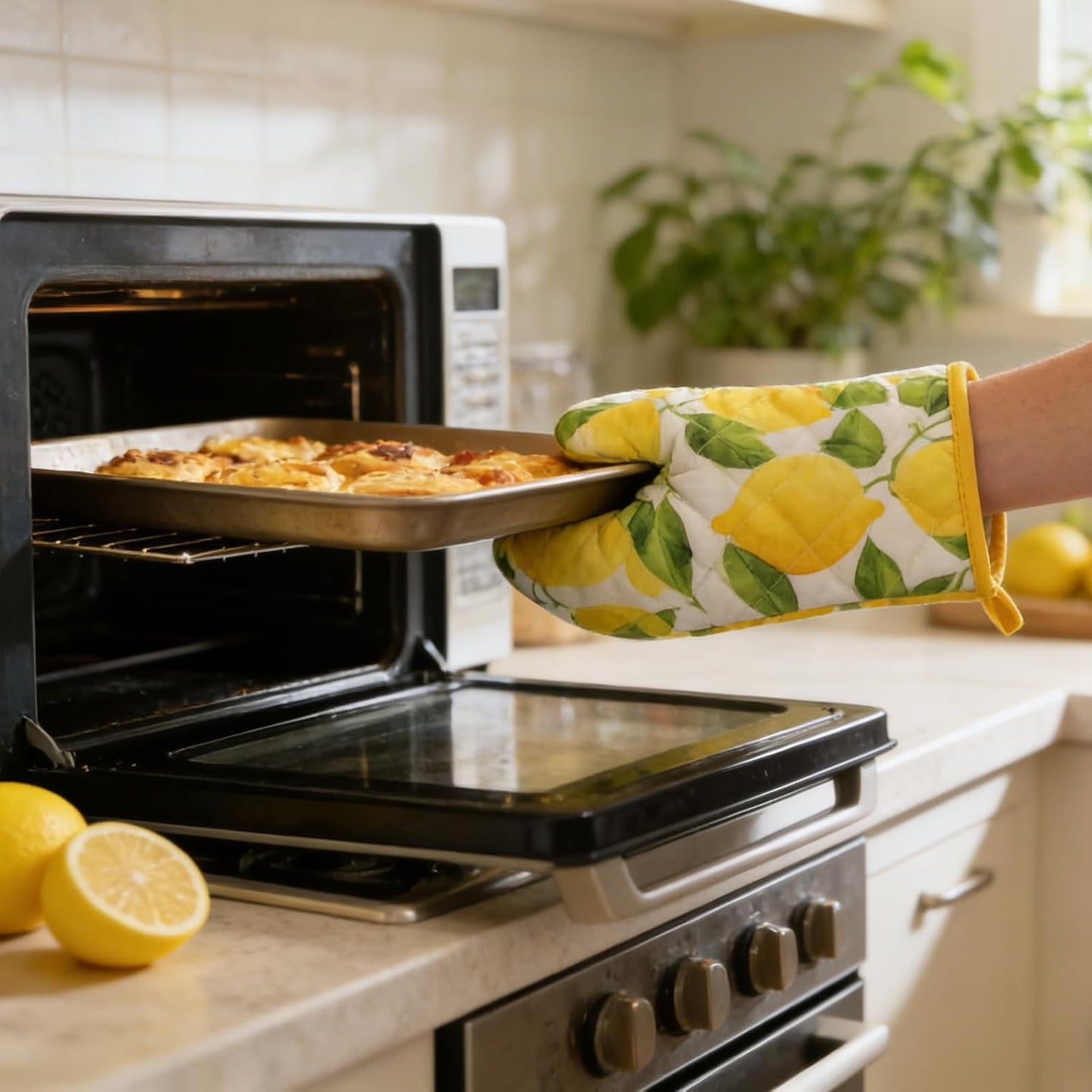 Set of 2 Oven Gloves Heat Resistant Ovens Mitt Lemon Kitchen Decor Potholders Yellow Baking Gloves for Home Cooking Kitchen BBQ