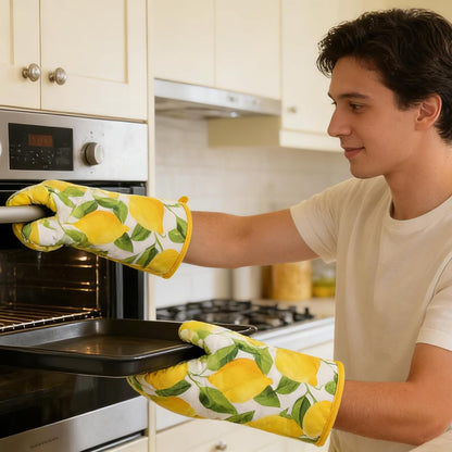Set of 2 Oven Gloves Heat Resistant Ovens Mitt Lemon Kitchen Decor Potholders Yellow Baking Gloves for Home Cooking Kitchen BBQ