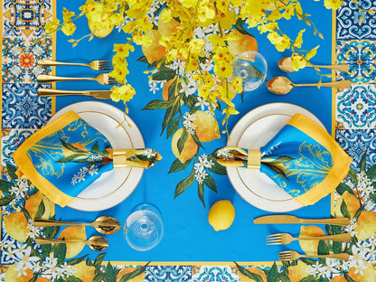 Provence Blue Lemon Mediterranean Tile Tabletop for Spring Summer Decorations, Picnics and Dinner Parties - Indoor Outdoor, Stain and Water Resistant, Tablecloth, 60 x 84 Rectangle