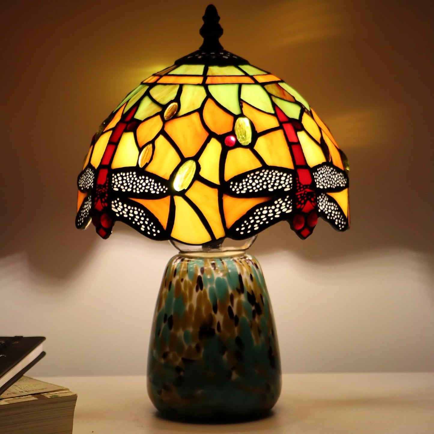 Tiffany Mushroom Table Lamp Dragonfly Style Yellow Stained Glass Accent Lamp Brown Blue Glass Base 8X8X12 Inch