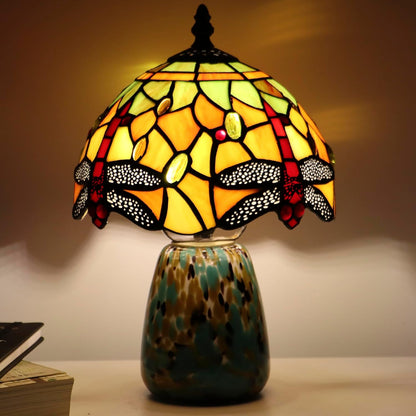 Tiffany Mushroom Table Lamp Dragonfly Style Yellow Stained Glass Accent Lamp Brown Blue Glass Base 8X8X12 Inch