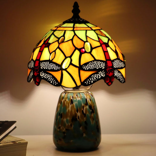 Tiffany Mushroom Table Lamp Dragonfly Style Yellow Stained Glass Accent Lamp Brown Blue Glass Base 8X8X12 Inch