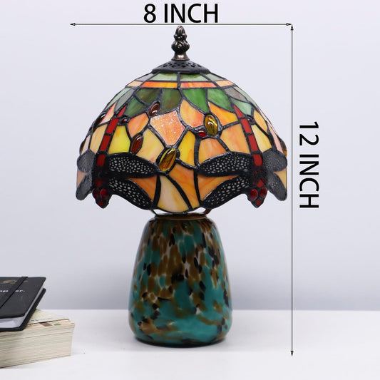 Tiffany Mushroom Table Lamp Dragonfly Style Yellow Stained Glass Accent Lamp Brown Blue Glass Base 8X8X12 Inch