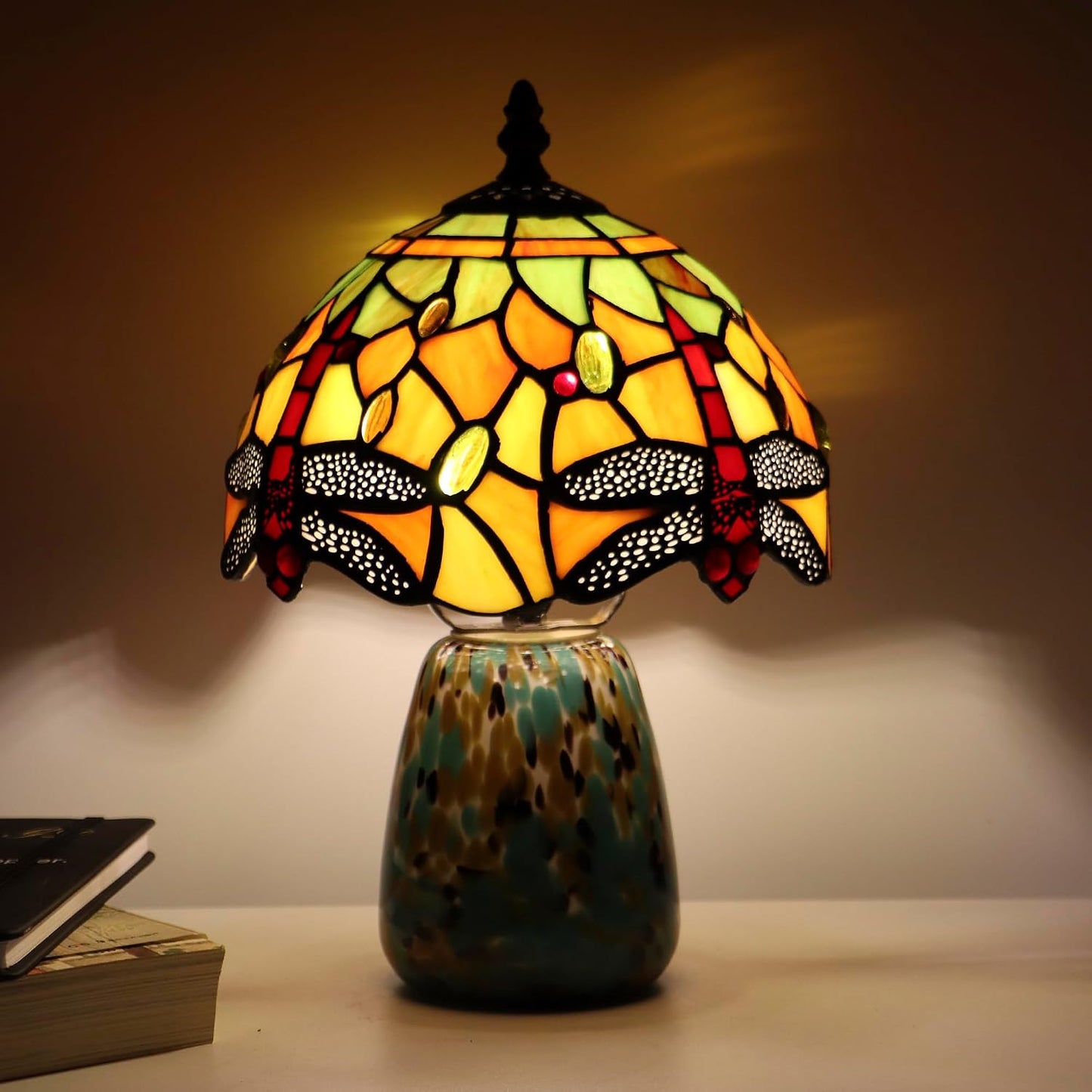 Tiffany Mushroom Table Lamp Dragonfly Style Yellow Stained Glass Accent Lamp Brown Blue Glass Base 8X8X12 Inch
