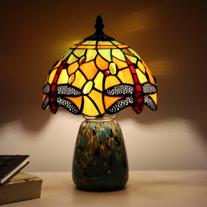 Tiffany Mushroom Table Lamp Dragonfly Style Yellow Stained Glass Accent Lamp Brown Blue Glass Base 8X8X12 Inch