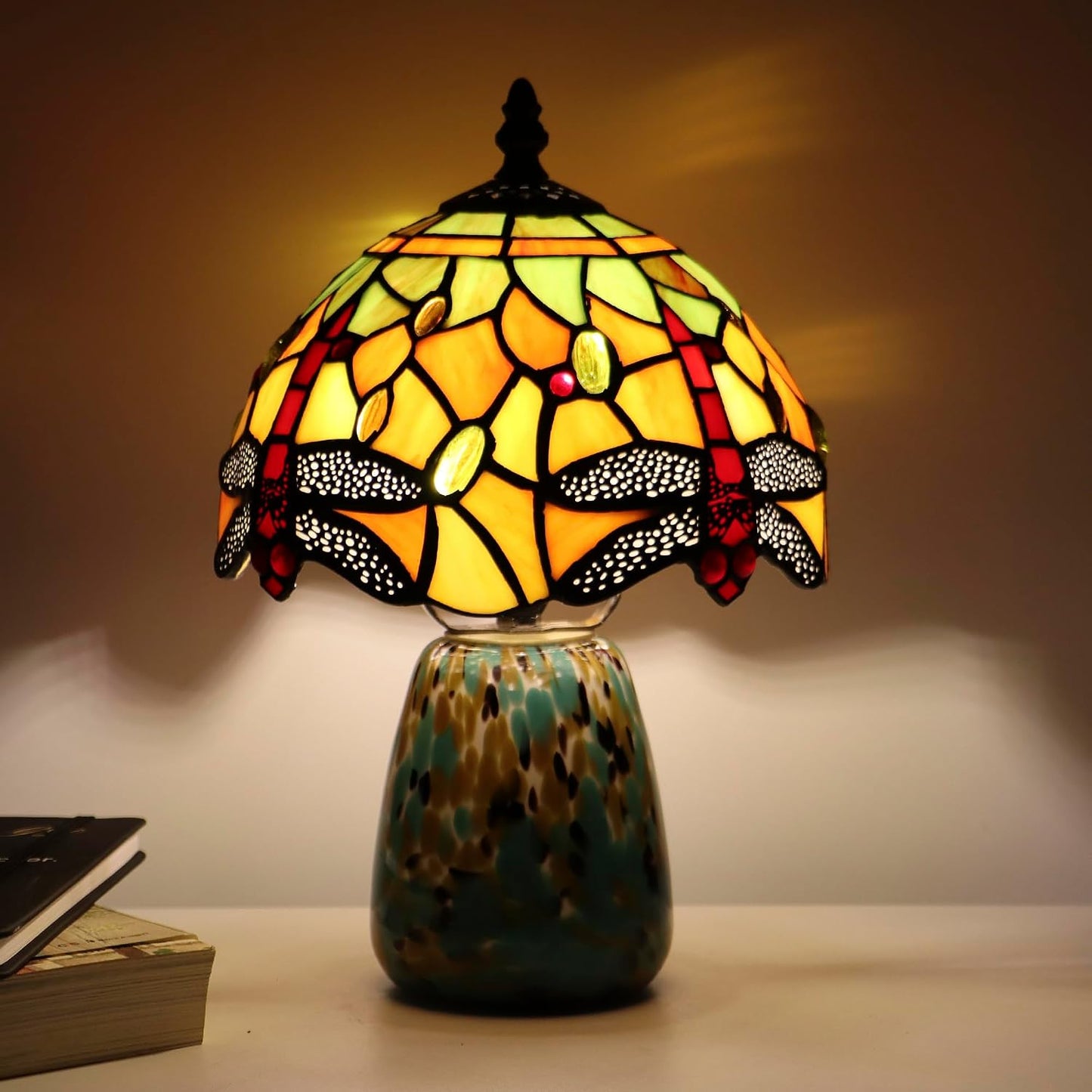 Tiffany Mushroom Table Lamp Dragonfly Style Yellow Stained Glass Accent Lamp Brown Blue Glass Base 8X8X12 Inch