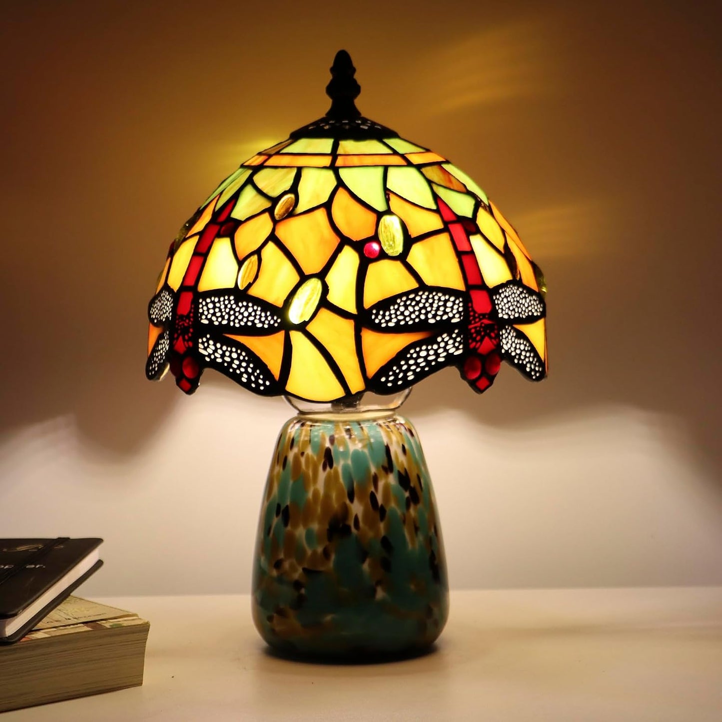 Tiffany Mushroom Table Lamp Dragonfly Style Yellow Stained Glass Accent Lamp Brown Blue Glass Base 8X8X12 Inch