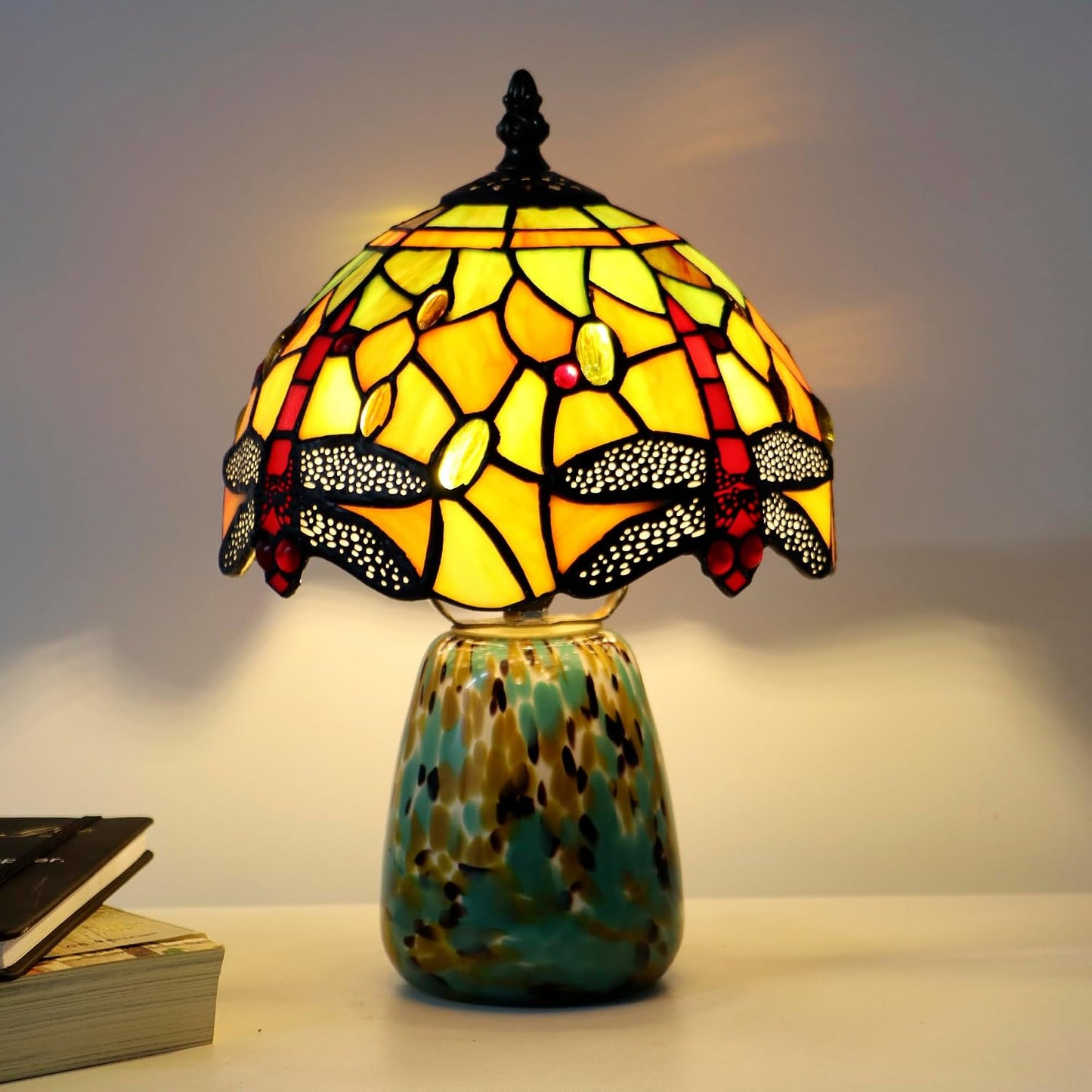 Tiffany Mushroom Table Lamp Dragonfly Style Yellow Stained Glass Accent Lamp Brown Blue Glass Base 8X8X12 Inch