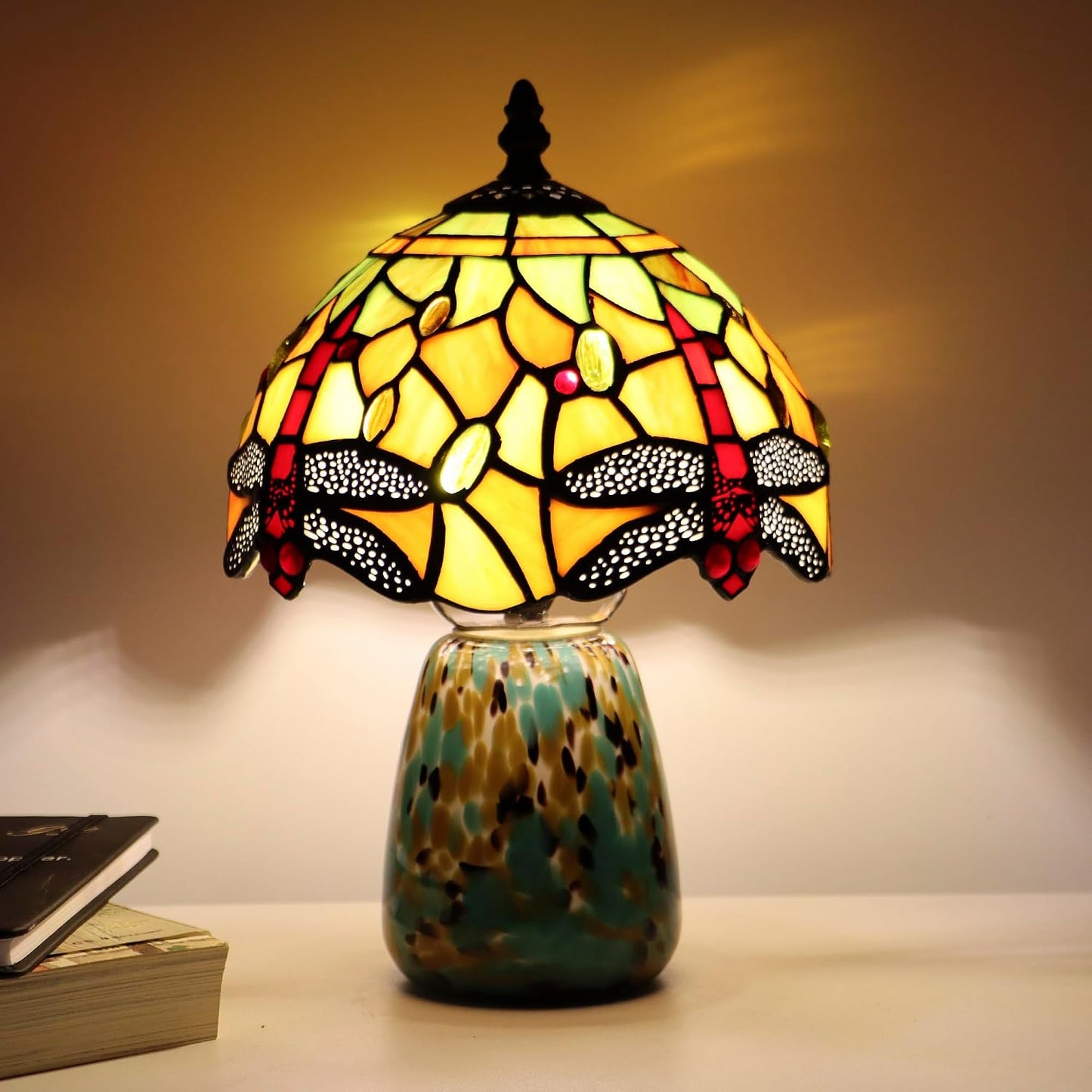 Tiffany Mushroom Table Lamp Dragonfly Style Yellow Stained Glass Accent Lamp Brown Blue Glass Base 8X8X12 Inch