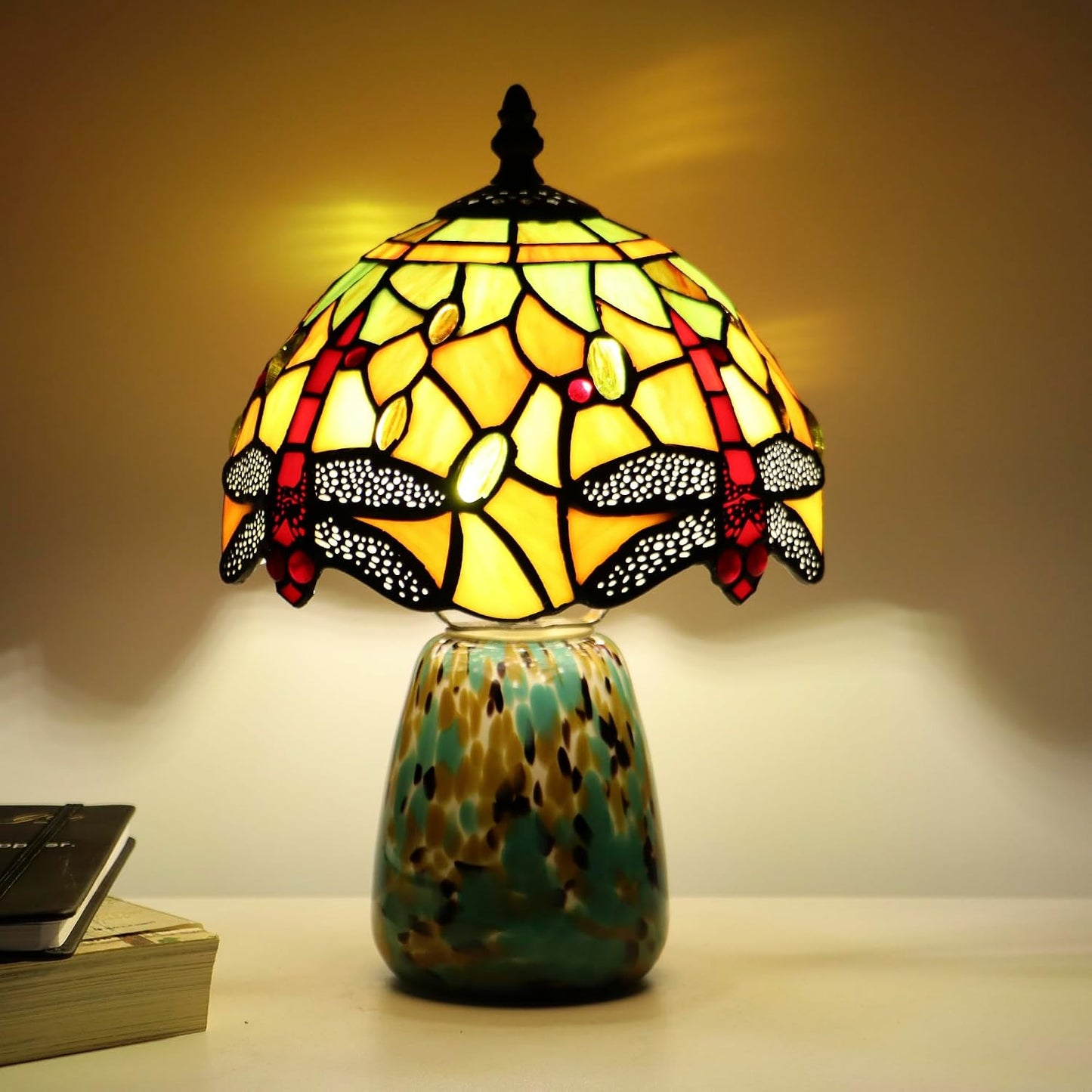 Tiffany Mushroom Table Lamp Dragonfly Style Yellow Stained Glass Accent Lamp Brown Blue Glass Base 8X8X12 Inch