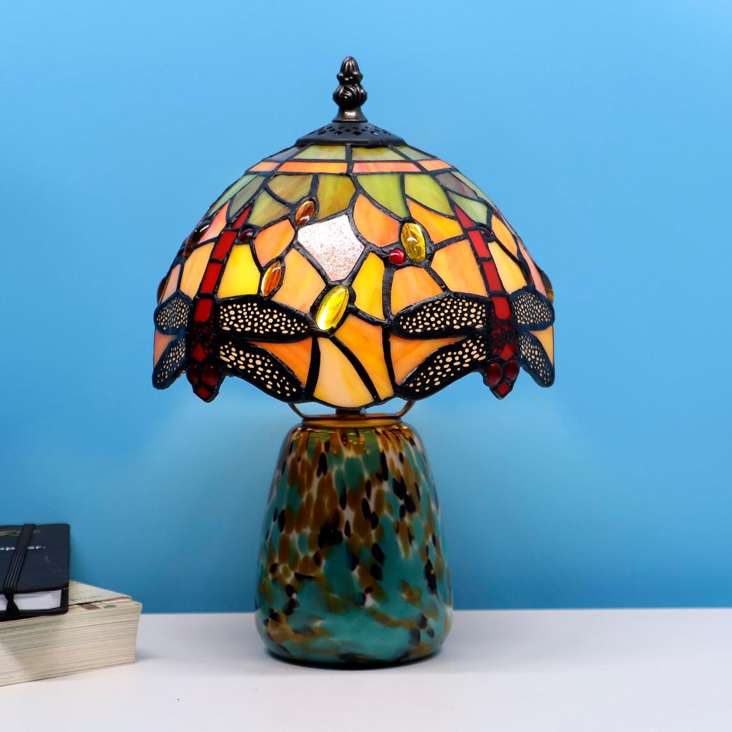 Tiffany Mushroom Table Lamp Dragonfly Style Yellow Stained Glass Accent Lamp Brown Blue Glass Base 8X8X12 Inch