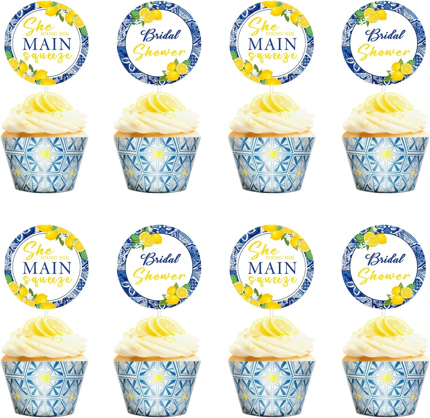 36Pcs She Found Her Main Squeeze Cupcake Toppers She Found Her Main Squeeze Bridal Shower Decorations Blue Tile Lemon Cake Decorations Circle for Women Bridal Shower Wedding Engagement Party Supplies