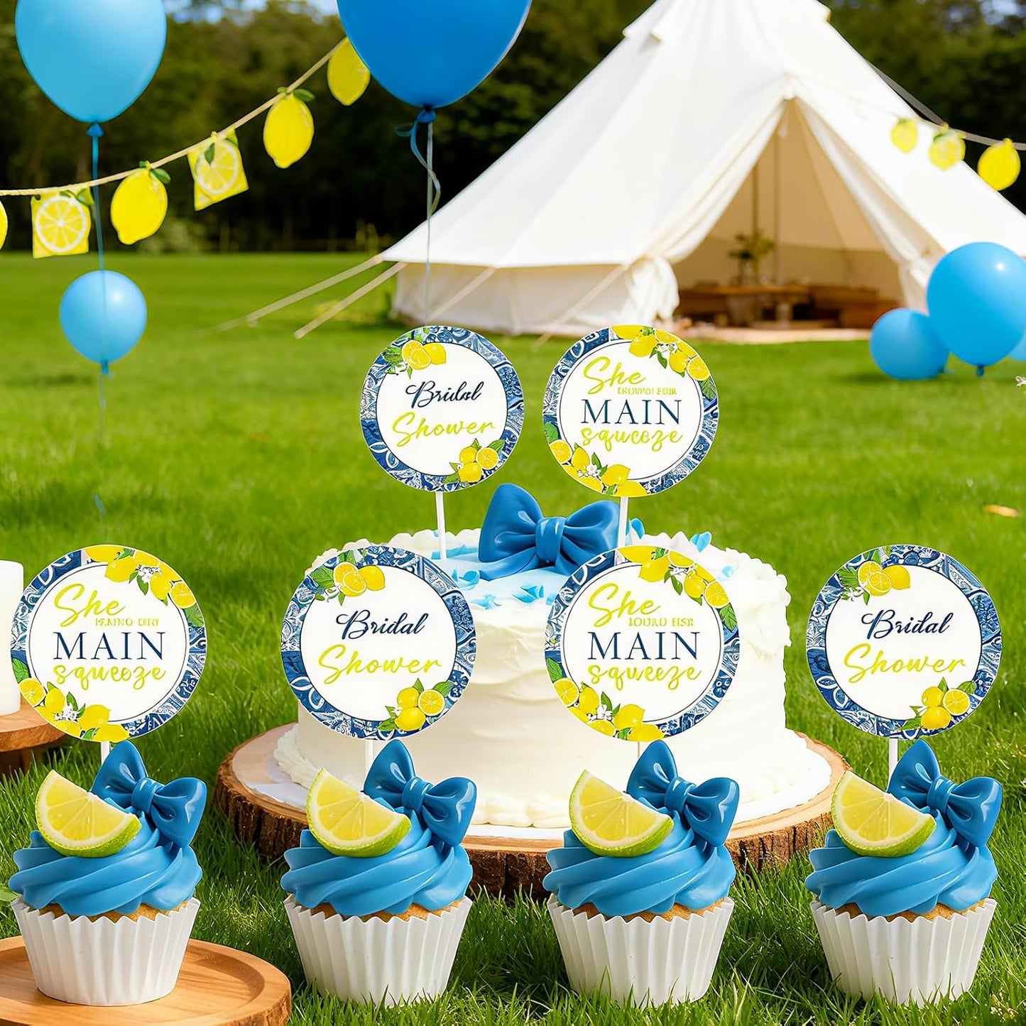 36Pcs She Found Her Main Squeeze Cupcake Toppers She Found Her Main Squeeze Bridal Shower Decorations Blue Tile Lemon Cake Decorations Circle for Women Bridal Shower Wedding Engagement Party Supplies
