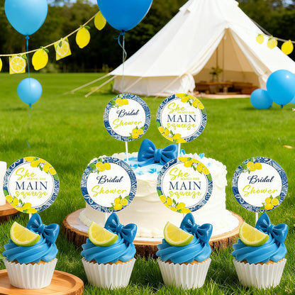 36Pcs She Found Her Main Squeeze Cupcake Toppers She Found Her Main Squeeze Bridal Shower Decorations Blue Tile Lemon Cake Decorations Circle for Women Bridal Shower Wedding Engagement Party Supplies