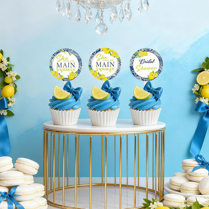 36Pcs She Found Her Main Squeeze Cupcake Toppers She Found Her Main Squeeze Bridal Shower Decorations Blue Tile Lemon Cake Decorations Circle for Women Bridal Shower Wedding Engagement Party Supplies