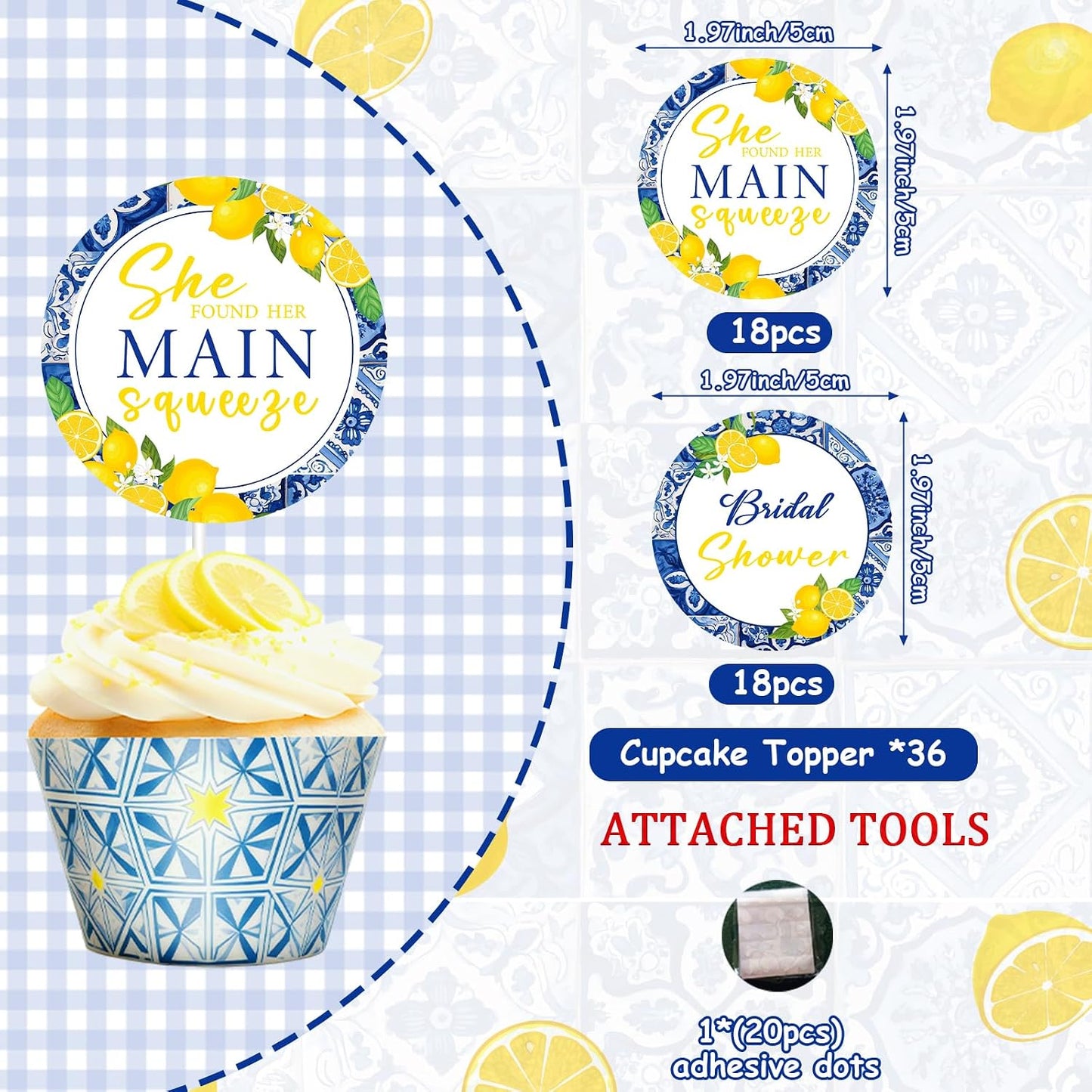 36Pcs She Found Her Main Squeeze Cupcake Toppers She Found Her Main Squeeze Bridal Shower Decorations Blue Tile Lemon Cake Decorations Circle for Women Bridal Shower Wedding Engagement Party Supplies