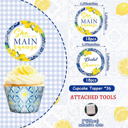 36Pcs She Found Her Main Squeeze Cupcake Toppers She Found Her Main Squeeze Bridal Shower Decorations Blue Tile Lemon Cake Decorations Circle for Women Bridal Shower Wedding Engagement Party Supplies