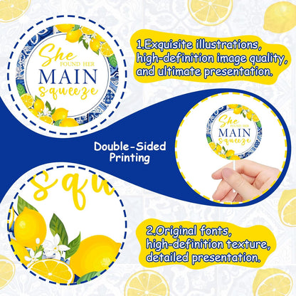 36Pcs She Found Her Main Squeeze Cupcake Toppers She Found Her Main Squeeze Bridal Shower Decorations Blue Tile Lemon Cake Decorations Circle for Women Bridal Shower Wedding Engagement Party Supplies