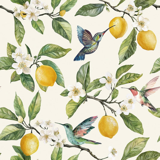 ICOOP Lemon Peel and Stick Wallpaper Farmhouse 17.5"x276" Fruit Bird Peel and Stick Wallpaper Kitchen Boho Contact Paper Neutral Cream Cottage Core Leaf Hummingbird Cabinet Contact Paper for Drawers