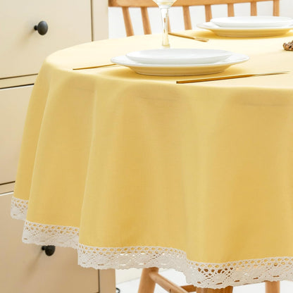 Faux Linen Tablecloth with Lace Trim - Waterproof/Spill Proof/Stain Resistant/Wrinkle Free/Oil Proof - for Banquet, Parties, Dinner,Wedding,Holiday,Yellow, Round 60Inch