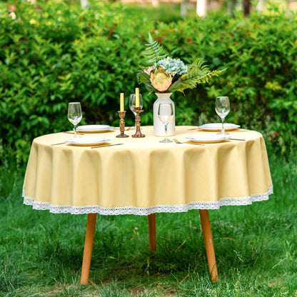 Faux Linen Tablecloth with Lace Trim - Waterproof/Spill Proof/Stain Resistant/Wrinkle Free/Oil Proof - for Banquet, Parties, Dinner,Wedding,Holiday,Yellow, Round 60Inch