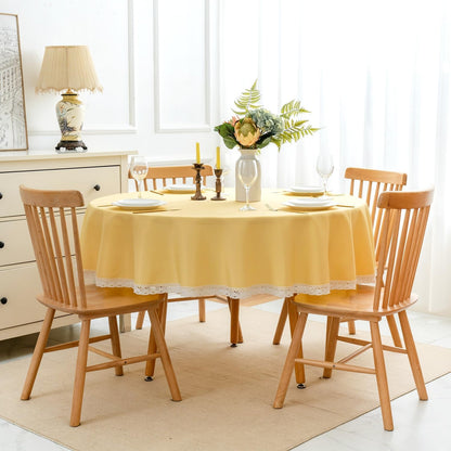 Faux Linen Tablecloth with Lace Trim - Waterproof/Spill Proof/Stain Resistant/Wrinkle Free/Oil Proof - for Banquet, Parties, Dinner,Wedding,Holiday,Yellow, Round 60Inch