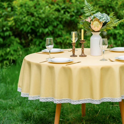 Faux Linen Tablecloth with Lace Trim - Waterproof/Spill Proof/Stain Resistant/Wrinkle Free/Oil Proof - for Banquet, Parties, Dinner,Wedding,Holiday,Yellow, Round 60Inch