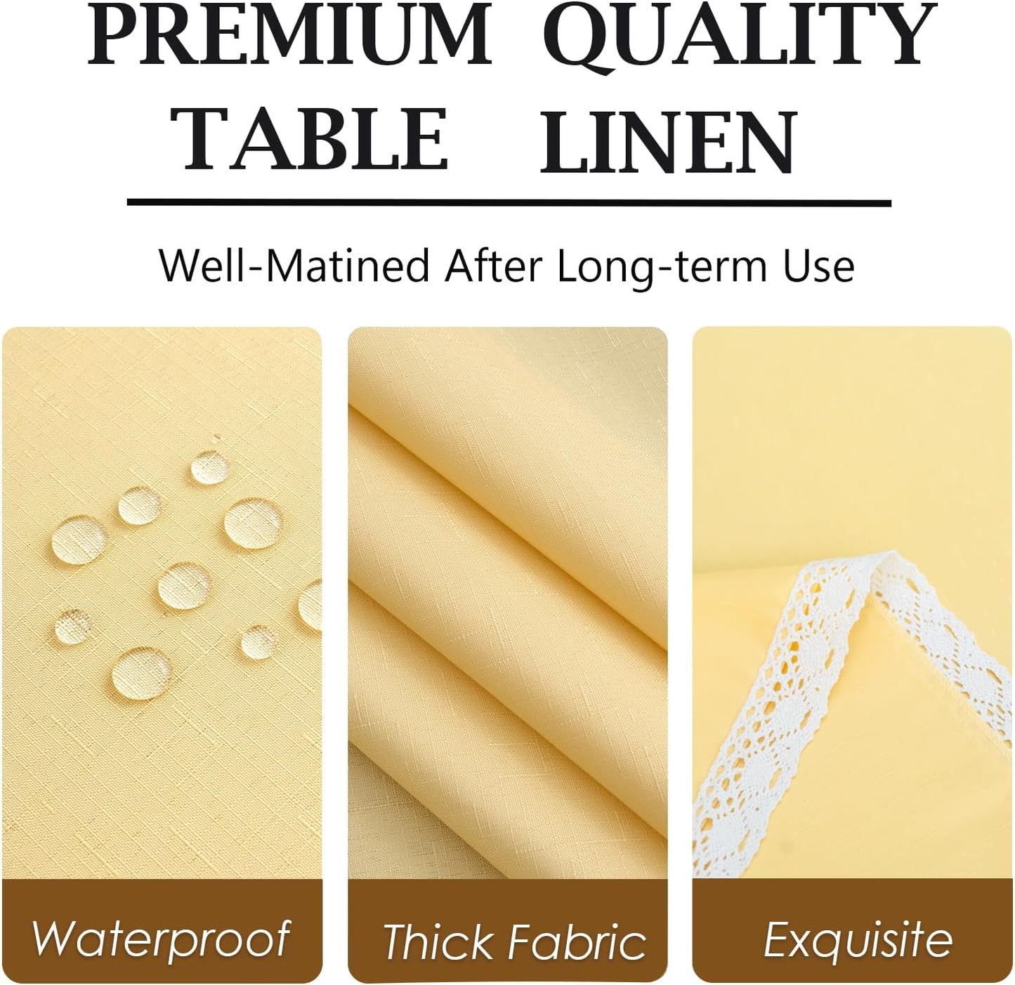 Faux Linen Tablecloth with Lace Trim - Waterproof/Spill Proof/Stain Resistant/Wrinkle Free/Oil Proof - for Banquet, Parties, Dinner,Wedding,Holiday,Yellow, Round 60Inch