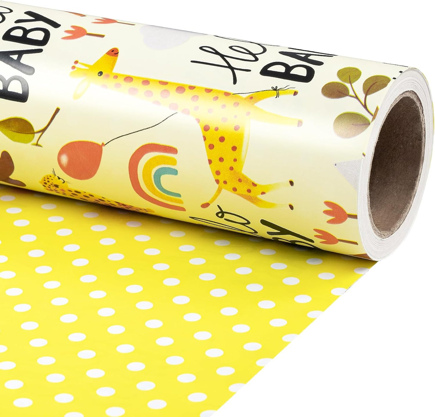 Baby Shower Reversible Wrapping Paper Roll, Mini Roll, Hello Baby Theme with Giraffe, Zebra, Bear, Deer, Rainbow & Yellow Polka Dots Gift Wrap for Birthday, Newborn Gift, 17 Inch x 9.8 Feet