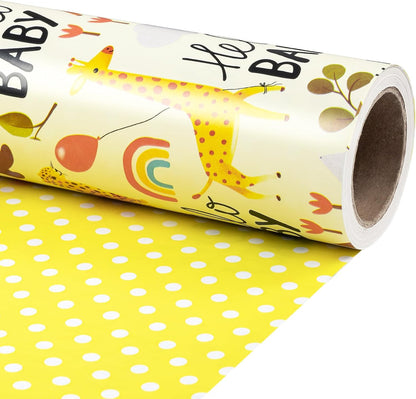 Baby Shower Reversible Wrapping Paper Roll, Mini Roll, Hello Baby Theme with Giraffe, Zebra, Bear, Deer, Rainbow & Yellow Polka Dots Gift Wrap for Birthday, Newborn Gift, 17 Inch x 9.8 Feet