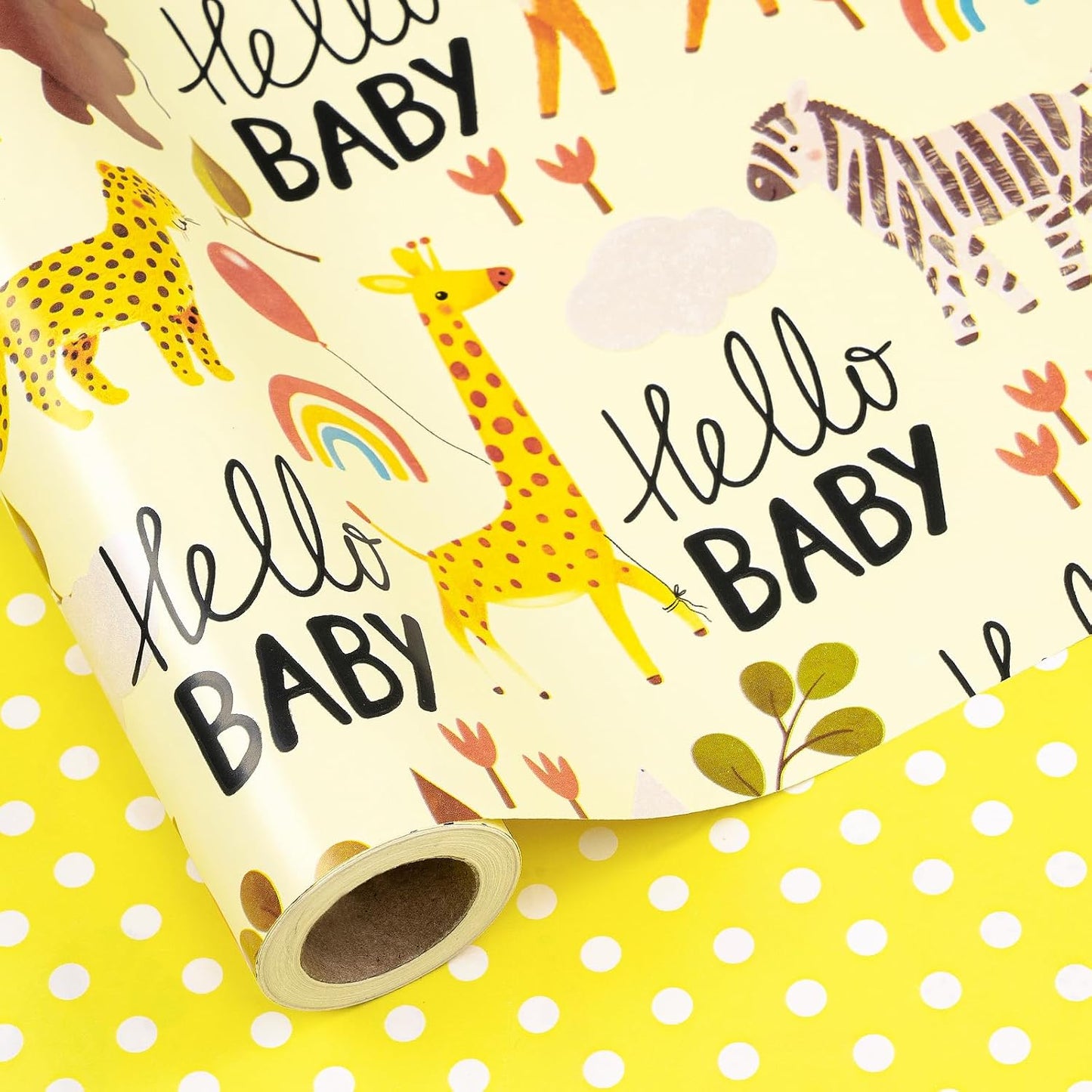 Baby Shower Reversible Wrapping Paper Roll, Mini Roll, Hello Baby Theme with Giraffe, Zebra, Bear, Deer, Rainbow & Yellow Polka Dots Gift Wrap for Birthday, Newborn Gift, 17 Inch x 9.8 Feet