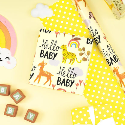 Baby Shower Reversible Wrapping Paper Roll, Mini Roll, Hello Baby Theme with Giraffe, Zebra, Bear, Deer, Rainbow & Yellow Polka Dots Gift Wrap for Birthday, Newborn Gift, 17 Inch x 9.8 Feet