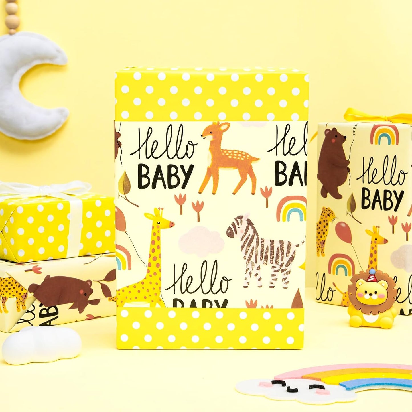 Baby Shower Reversible Wrapping Paper Roll, Mini Roll, Hello Baby Theme with Giraffe, Zebra, Bear, Deer, Rainbow & Yellow Polka Dots Gift Wrap for Birthday, Newborn Gift, 17 Inch x 9.8 Feet