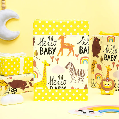 Baby Shower Reversible Wrapping Paper Roll, Mini Roll, Hello Baby Theme with Giraffe, Zebra, Bear, Deer, Rainbow & Yellow Polka Dots Gift Wrap for Birthday, Newborn Gift, 17 Inch x 9.8 Feet