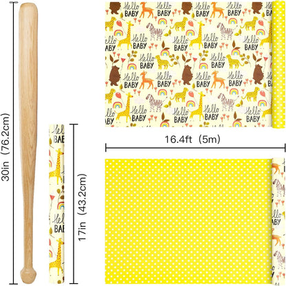 Baby Shower Reversible Wrapping Paper Roll, Mini Roll, Hello Baby Theme with Giraffe, Zebra, Bear, Deer, Rainbow & Yellow Polka Dots Gift Wrap for Birthday, Newborn Gift, 17 Inch x 9.8 Feet