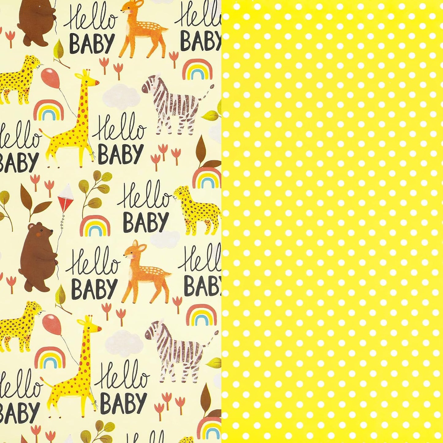 Baby Shower Reversible Wrapping Paper Roll, Mini Roll, Hello Baby Theme with Giraffe, Zebra, Bear, Deer, Rainbow & Yellow Polka Dots Gift Wrap for Birthday, Newborn Gift, 17 Inch x 9.8 Feet