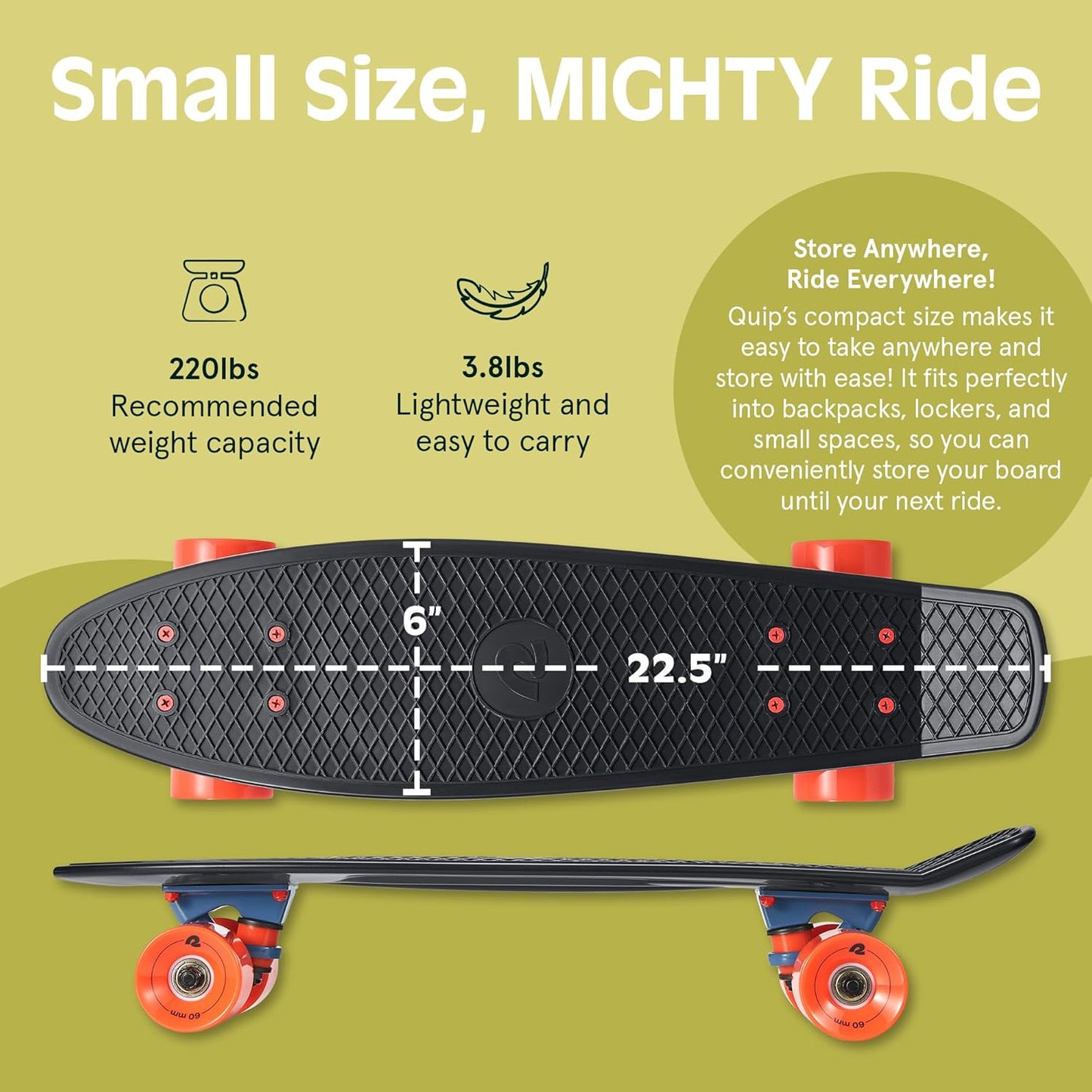 Quip Mini Cruiser Skateboard 22.5" Classic Retro Plastic Cruiser Complete Skateboard with ABEC 7 Bearings and PU Wheels Compact Board w/Grippy, Molded Waffle Deck