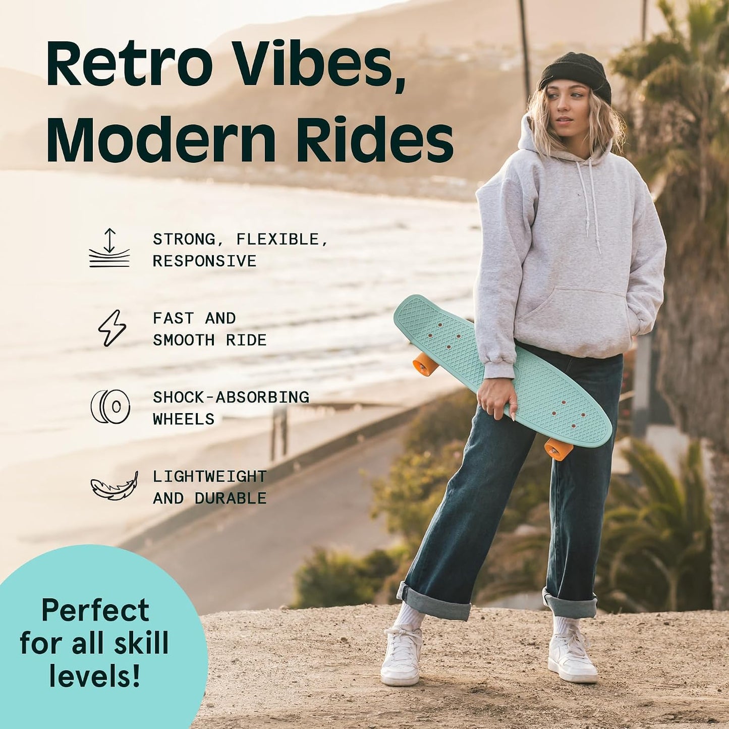 Quip Mini Cruiser Skateboard 22.5" Classic Retro Plastic Cruiser Complete Skateboard with ABEC 7 Bearings and PU Wheels Compact Board w/Grippy, Molded Waffle Deck