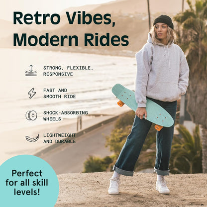 Quip Mini Cruiser Skateboard 22.5" Classic Retro Plastic Cruiser Complete Skateboard with ABEC 7 Bearings and PU Wheels Compact Board w/Grippy, Molded Waffle Deck
